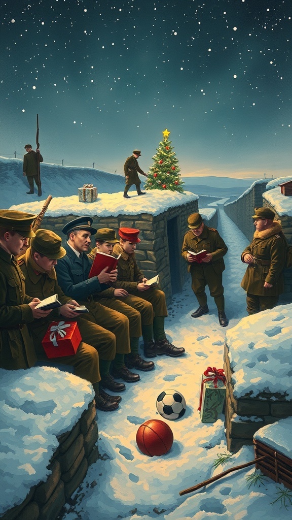 Illustration of soldiers from World War I celebrating Christmas together in no man